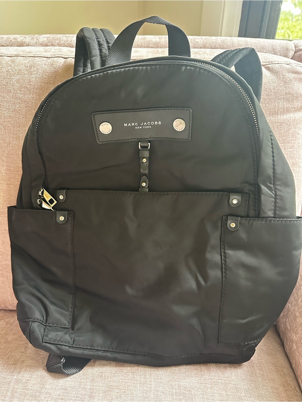 Marc Jacobs Black Nylon Backpack with Front Pockets and Adjustable Straps